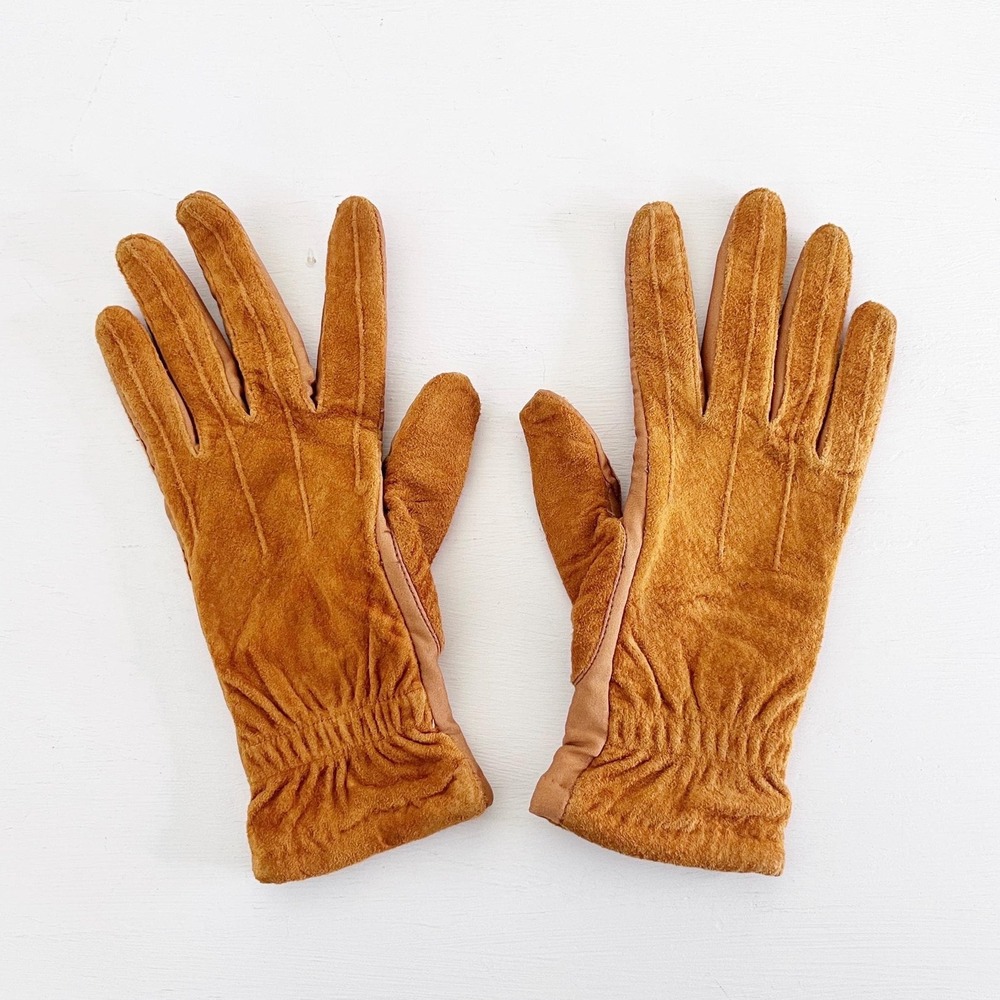 Isotoner Gloves Mustard Yellow Vintage 70s Leather Suede‎ Driving Gloves Size L